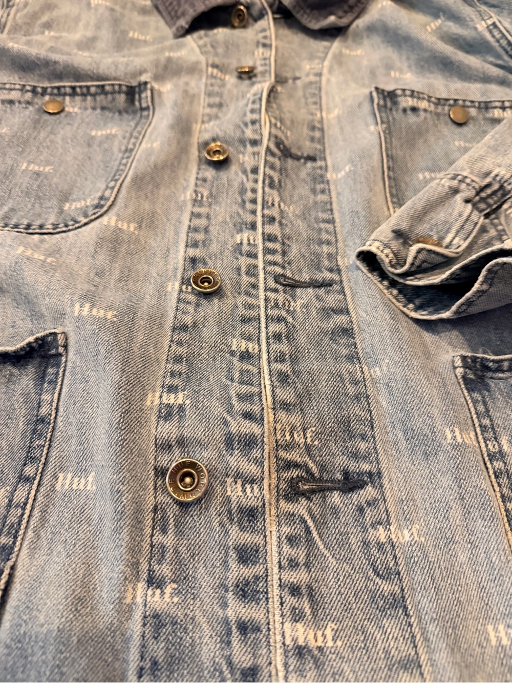 HUF Denim Chore Jacket XL All Over Logo Print Button Front Workwear - Picture 2 of 8